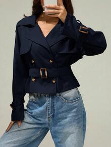 SHEIN PETITE Double Breasted Belted Trench Coat In Fall/Winter - Navy Blue - View 5