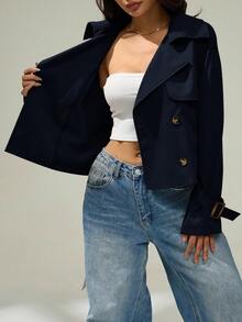 SHEIN PETITE Double Breasted Belted Trench Coat In Fall/Winter - Navy Blue - View 9