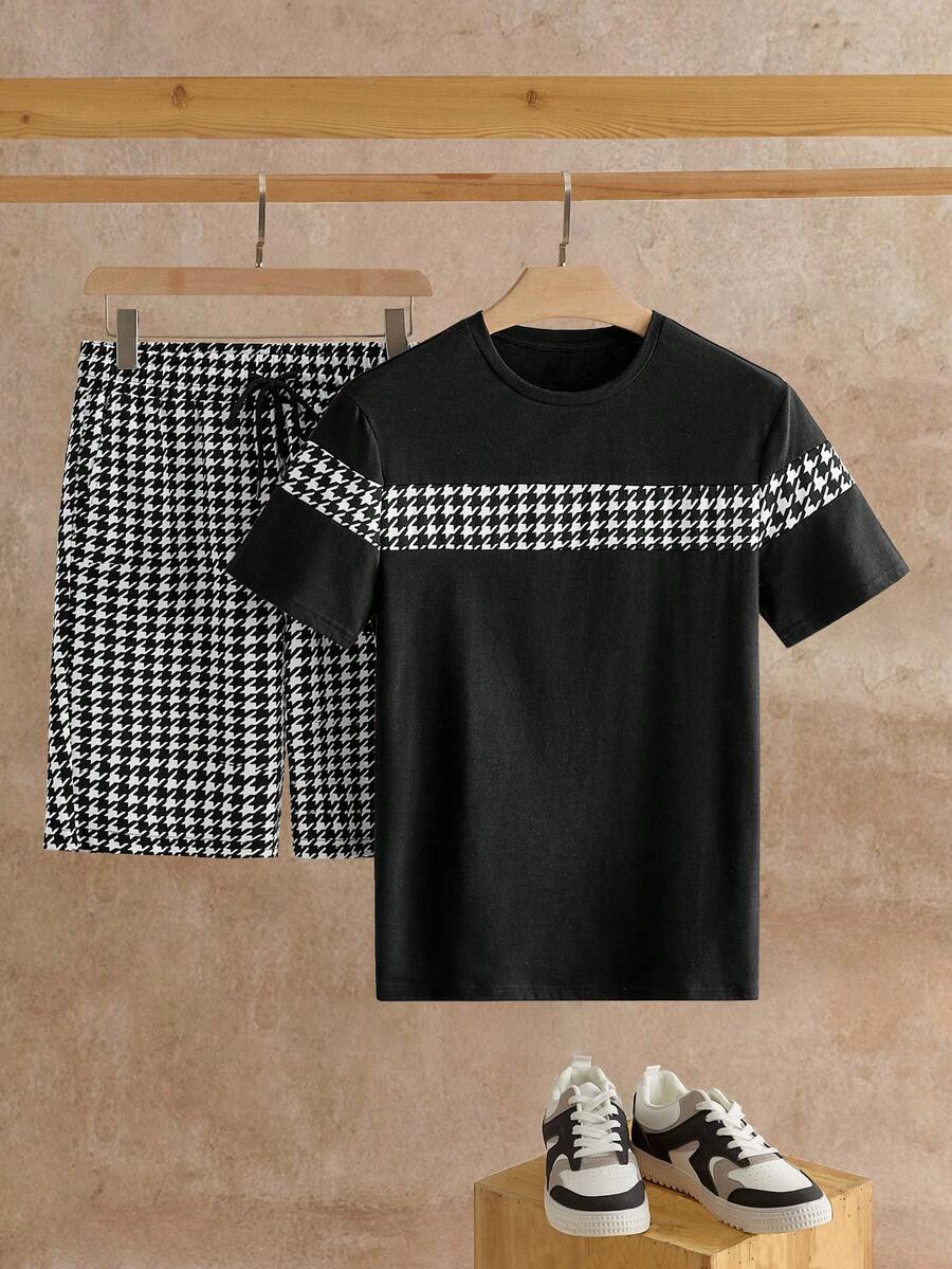 Manfinity NXTstreet Bộ 2 áo thun tay ngắn Raglan dệt kim chắp vá thường ngày cho nam kèm quần short cạp rút - Nhiều màu - Xem 1