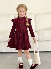LMoss Kids LMoss 女童纯色荷叶边休闲针织连衣裙 儿童荷叶边连衣裙 女童秋季连衣裙 法式秋季连衣裙 儿童女童天鹅绒连衣裙，红色裙子，圣诞节，舒适秋冬款式，温暖秋冬风格，温暖秋冬款式，冬季服装 - 紅色 - 查看 7