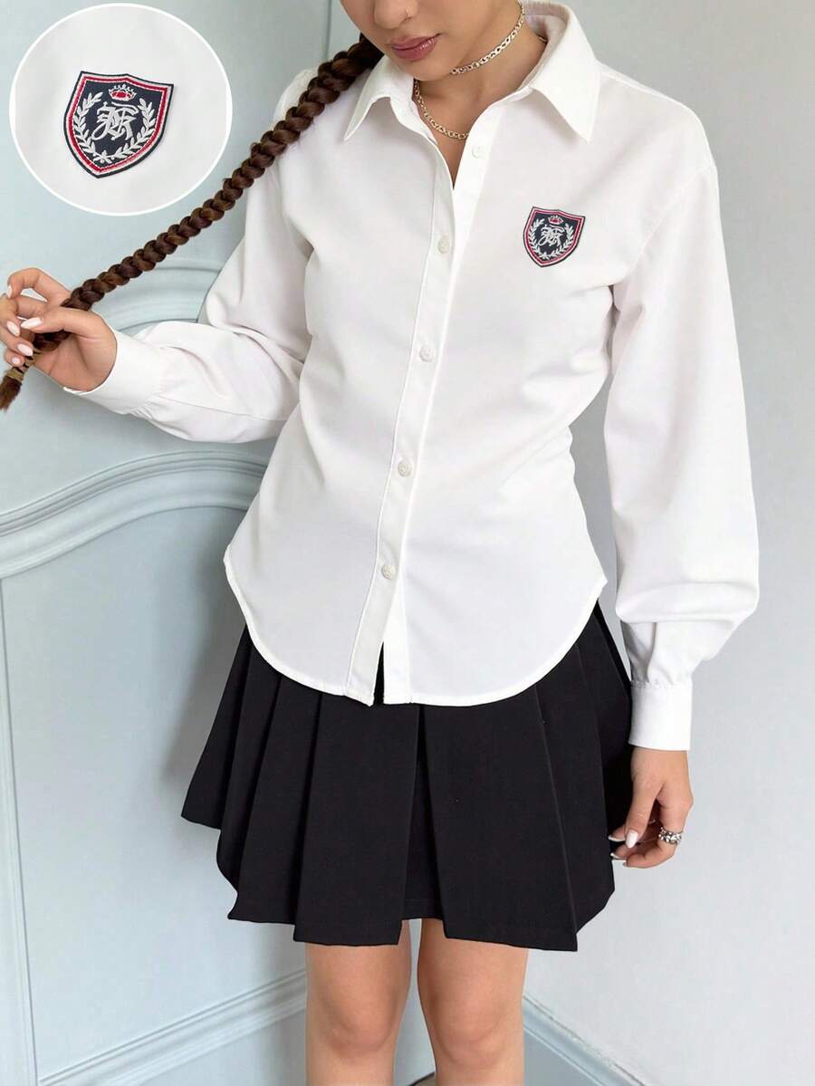 少女白色短款学院风休闲长袖收腰衬衫，休闲，学院风，Y2K，返校季 - 白色 - 查看 1