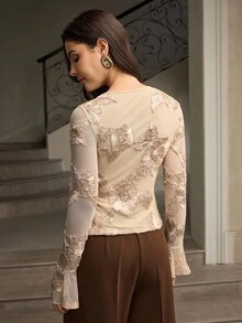 ZEYLAH 3D Floral Round Neck Solid Color Mesh Patchwork Fitted Flare Sleeve Top - Champagne - View 3