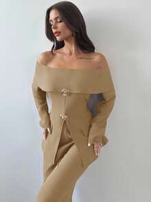 Firerie Damen elegantes Oberteil mit offener Schulter und Langarm sowie Hose, 2-teiliges Set, geeignet für den Alltag im Herbst/Winter