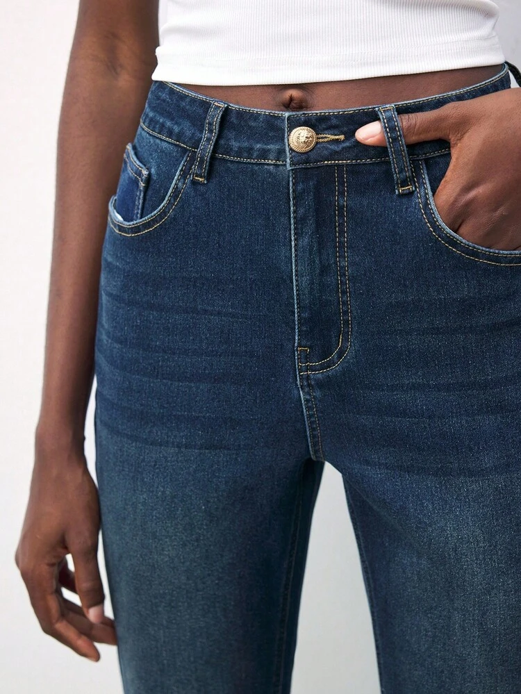 SHEIN Maija Women's Retro Blue Jeans High Elasticity Slim Flared Pants Old Money Style Casual Autumn And Winter Pants