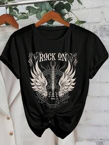 Camiseta de cuello redondo de manga corta informal con estampado de banda de rock retro para mujer