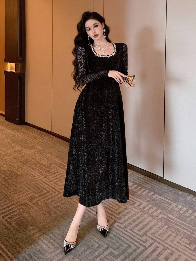 Elegant Waist Cinched Long Sleeve Midi Dress For Party & Gathering Prom Dress