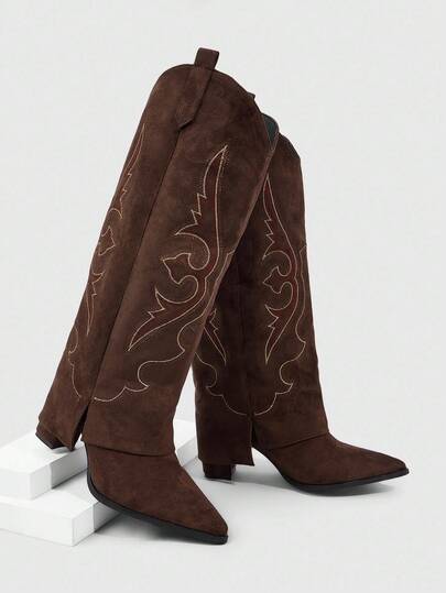 CUCCOO SZL 女士棕色尖头粗跟仿麂皮西部流苏高筒靴