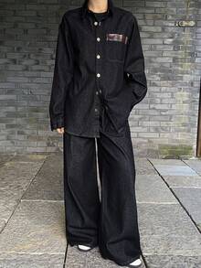 DAZY 女士休闲拼布衬衫和阔腿牛仔裤套装，秋季 - 藏蓝色 - 查看 3