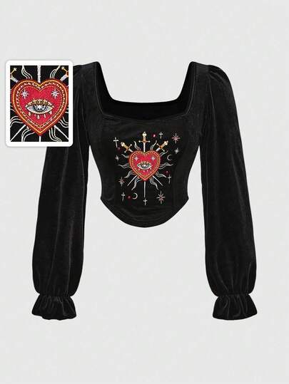 Women's Gothic Court Style Romantic Heart Embroidery Rhinestone Crystal Teardrop Star Print Black Puff Sleeve T-Shirt, Spring, Halloween