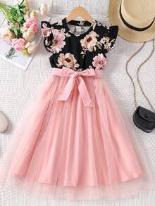 Tween Girl Floral Print Ruffle Trim Mesh Hem Dress,Holiday,Summer,Travel - Multicolor - View 4