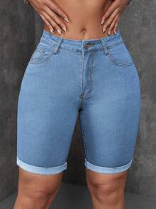 SHEIN ICON Shorts vaqueros elásticos ajustados de talla grande color azul claro para uso casual y de vacaciones