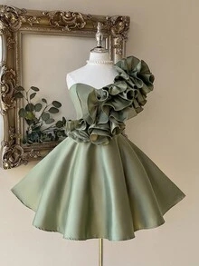 Lovelzi Elegant Romantic 3D Ruffle Decor Asymmetrical Neck High-Low Waist Cinched Party Formal Gown, For Cocktail