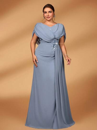 Serin Plus Size Elegant Luxurious Embroidered, Draped, Applique, Waist Cinched, A-Line Long Mother Of The Bride Dress