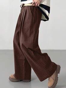 FRIFUL 女士撞色弹力腰抽绳格子直筒裤带口袋休闲裤，秋季款 - 棕色 - 查看 6