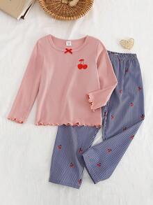Rosa ribbad körsbärsmönstrad långärmad topp och ribbade byxor för ung flicka