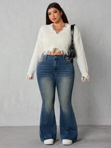 SHEIN ICON Quần jeans ống loe eo thon cổ điển cỡ lớn thời trang mùa hè cho nữ - Rửa tối - Xem 3