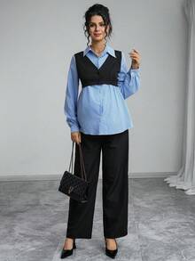 Momance Bộ 2 áo sơ mi và quần sọc thường ngày cho bà bầu - Nhiều màu - Xem 5