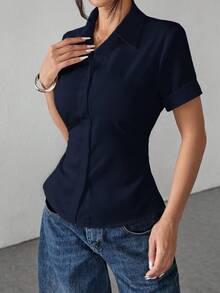 SHEIN PETITE White Women's Shirt Waist Cinch Pleated Short Sleeve Shirt