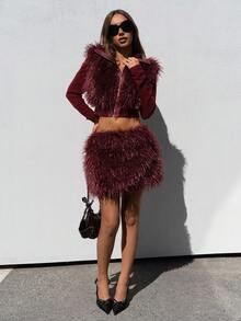 SHEIN ICON Bộ 2 món đồ bằng da và lông thú giả dành cho nữ, gợi cảm và tiên phong - Màu Đỏ Sâu - Xem 7