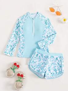 Camiseta protectora con estampado de hojas y cremallera frontal para niña preadolescente, para verano y playa