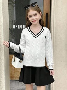 SHEIN Serisse Kids Tween Girl Solid White Wit Black Stripe Detail V-Neck Striped Cable Knit Casual Embroidered Autumn Winter, Back To School, Daily Wear White Cable Knit Sweater Varsity Sweaters White Sweater Teen Girl Tween Sweater Preppy Clothes For Girls Tween Sweaters Aesthetic Preppy Clothes White Sweater Tween, For Autumn Winter ,Preppy Sweater Uniform Girl Sweaters Tween Teen Girl Sweater Tween Girl Sweater - White - View 3
