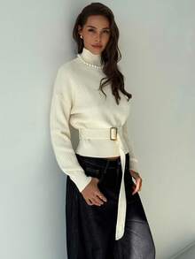 Aloruh Women's Autumn/Winter New Ribbed Knit Turtleneck Sweater, Slim Fit Long Sleeve Pullover With Belt Decor, Minimalist Everyday Versatile Knitwear - Beige - View 6