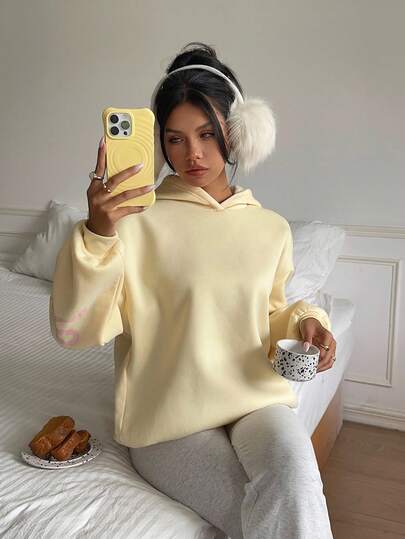 Aloruh Women's Autumn/Winter New Cream Yellow Hoodie, Butterfly Print Decor Cute Y2K Style Pastel Yellow Hoodie Pale Yellow Hoodie Butter Yellow Hoodie Cream Hoodie Halloween Fall Winter For Women Fall Women Halloween Fall Halloween For Women Fall For Women