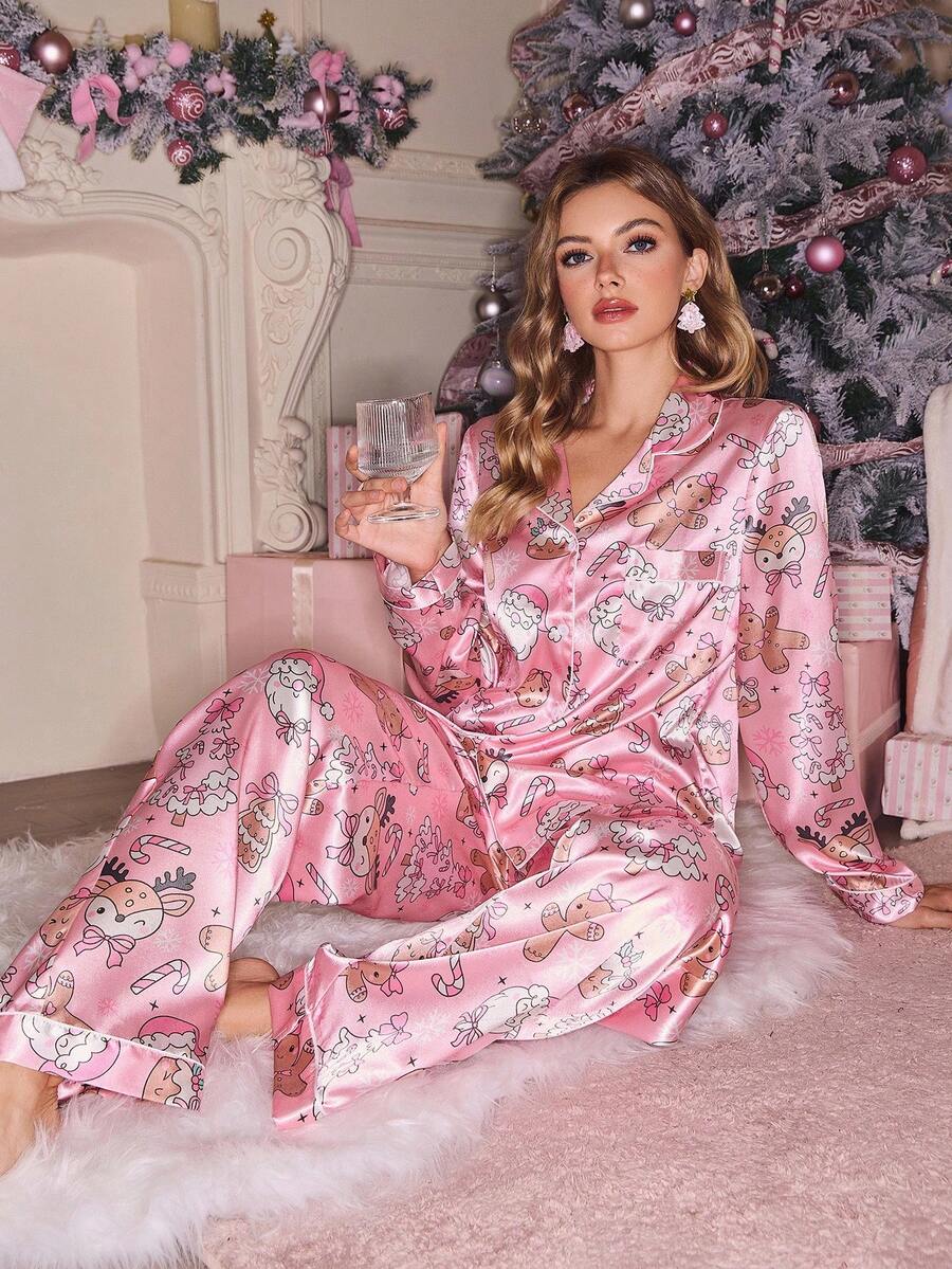 SHEIN Bộ đồ ngủ satin màu hồng dễ thương dành cho nữ, hình ông già Noel, người bánh gừng, cây thông Noel, kẹo, áo ve áo in hình bông tuyết và quần dài, quần áo thu đông - Hồng - Xem 1