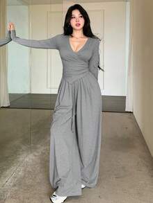 DAZY 女士休闲纯色V领T恤和阔腿裤两件套，秋季女士家居服套装 - 灰色 - 查看 8