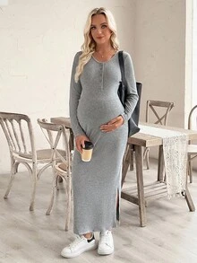 SHEIN 女士舒适休闲半开式哺乳连衣裙 - 灰色 - 查看 2