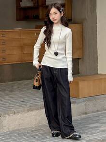 DAZY Teen Girl Slim Fit Turtleneck Basic Knit Long Sleeve Sweater, Autumn Student - White - View 2