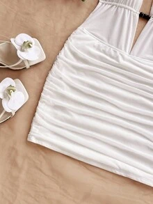 Soleia Vestido mini con escote profundo en V, tirantes con lazo y espalda descubierta para mujer, ajuste ceñido con drapeado, adecuado para fiesta, cita, té de la tarde, vacaciones de verano en la playa con estilo - Blanco - Ver 6