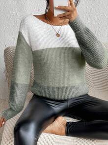EMERY ROSE Women's Casual Loose Fit Contrast Color Drop Shoulder Long Sleeve Pullover Sweater, Autumn - Multicolor - View 6