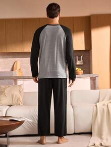 Manfinity Underwear&Sleepwear Basics Plus Size Men's Contrast Color Patchwork Long Sleeve Pajama Set, Fall Clothes - Grey - View 2