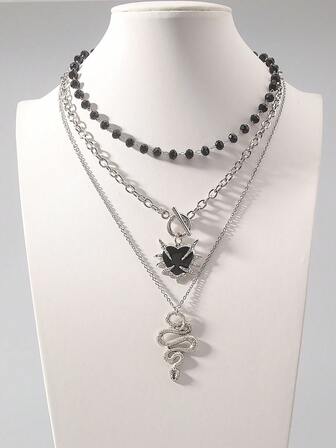 Goth 3 قطع/مجموعة قلادة عتيقة ذات صليب مزين بالخرز الأسود والكريستال الأسود، طراز هيب هوب، مناسبة للنساء والرجال للاستخدام اليومي وفي مناسبة عيد الهالوين