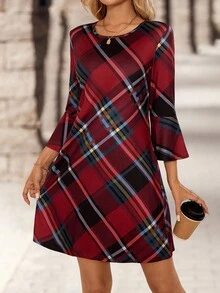 EMERY ROSE 女士格子圆领喇叭袖休闲宽松中长连衣裙 - 紅色 - 查看 4