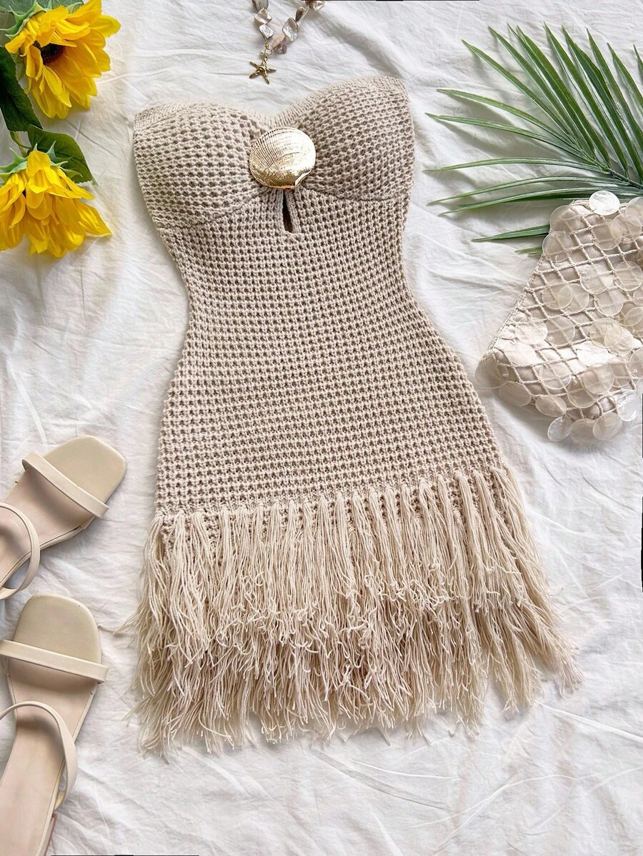 Soleia 女士度假针织纹理金属流苏迷你连衣裙，性感派对约会海滩度假夏季服装，适合度假约会、下午茶、婚礼季节、海滩游轮度假、城市公路旅行度假、波西米亚风度假、音乐节流苏连衣裙米色连衣裙钩针连衣裙 - 鏽棕色 - 查看 1