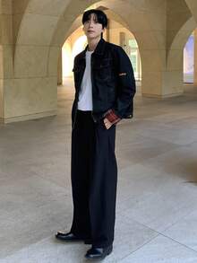 DAZY Autumn Patchwork Sleeve Fabric Street Style Letter Embroidery Design Navy Blue Men's Denim Jacket - Navy Blue - View 6