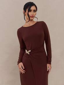 Modelyn Vestido midi elegante de unicolor con mariposa para mujer - Marrón Mocha - Ver 2