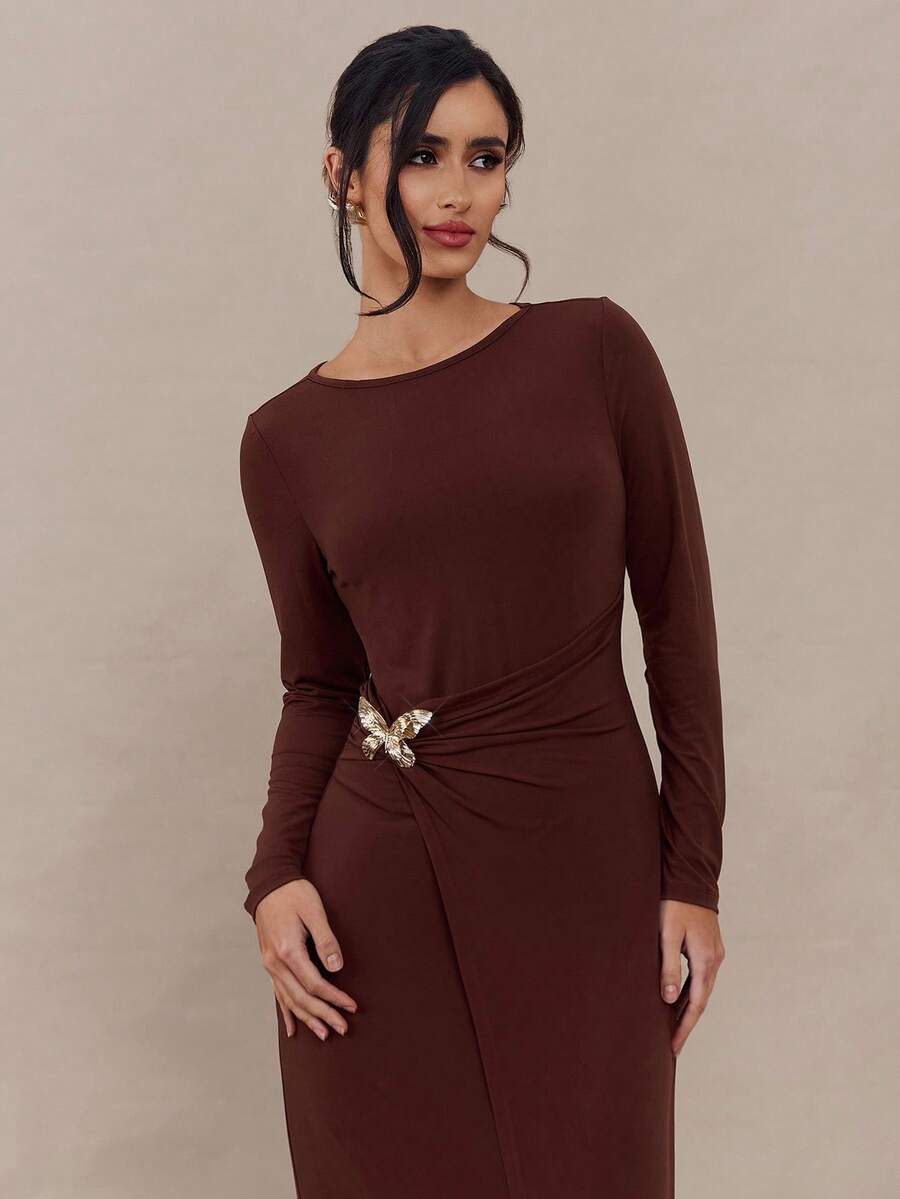 Modelyn Vestido midi elegante de unicolor con mariposa para mujer