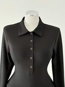 Sweetra Plus Size Women Vintage Casual Street Style Collared Button-Up Shirt, Sexy Solid Textured Long Sleeve Tee For Commute, Daily Wear, Back To School, Halloween, Layering Fall Cloth For Women - Black - View 5