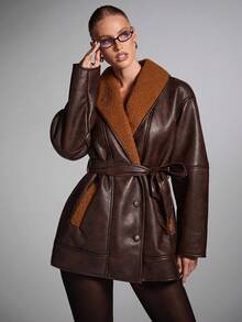 SHEIN BAE Women's Casual Shawl Collar Drop Shoulder Long Sleeve Faux Fur Jacket, Autumn/Winter,Women's Autumn/Winter New Faux Fur Lined, Leather Jacket, Brown Jacket Women - Coffee Brown - View 8