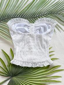 Dreamara 大码女式白色休闲纹理面料荷叶边抹胸上衣，适合度假、海滩、夏季、波西米亚风穿着 - 白色 - 查看 2