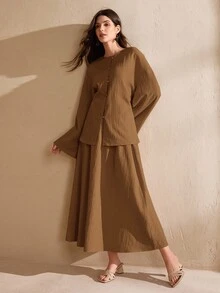 Graceveil Women's Solid Color Round Neck Loose Textured Fabric Elegant Fashion Arabic Style Set - Bronze - View 7