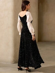 Aveloria Rosie Autumn/Winter New Black Velvet Sequin V-Neck Sexy Evening Dress, High-End Luxurious Long A-Line Flared Maxi Dress, Off-Shoulder Banquet Gown, Elegant Lady Birthday Party Dress, Suitable For Commute, Formal Occasions, Adult Ceremony