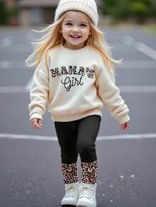 TaviRue 2 件套年轻女孩休闲豹纹“MAMA'S GIRL”字母图案长袖运动衫和长裤套装，卡通印花，适合秋冬季 - 彩色 - 查看 1