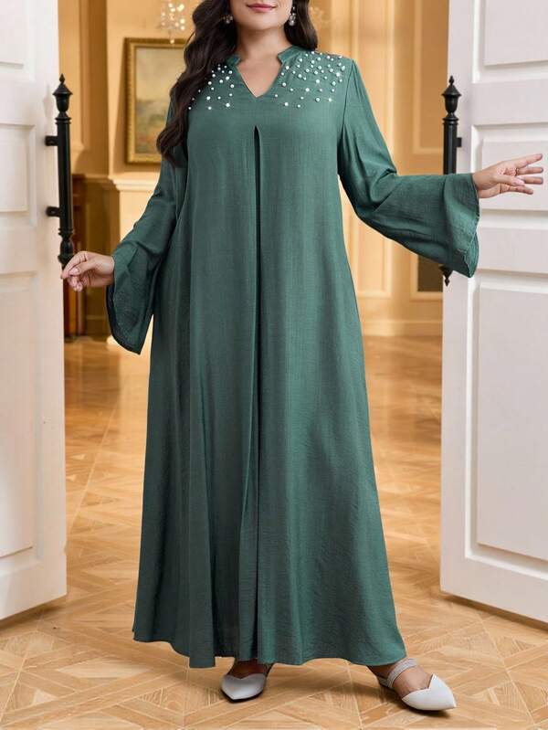 Al Najma Plus Size Women Pearl Decor Casual Loose Long Sleeve Arabic Style Dress