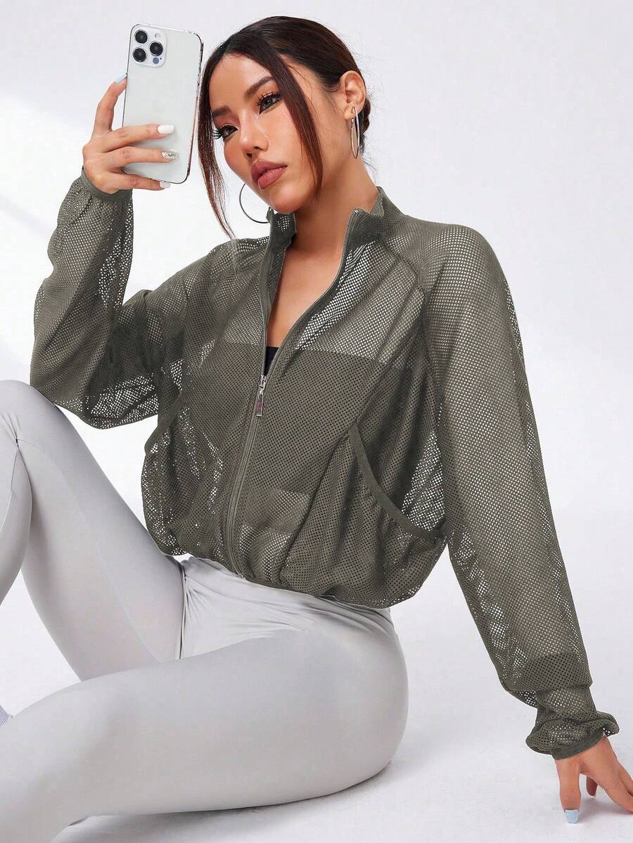 With My Calm 女式高领透明性感夹克带口袋,休闲运动跑步健身户外活动长袖夹克女式网眼夹克 - 灰色 - 查看 1