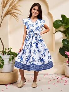 SHEIN Tween Girls' Floral Printed Short Sleeve Dress For Vacation,Holiday,Summer,Travel