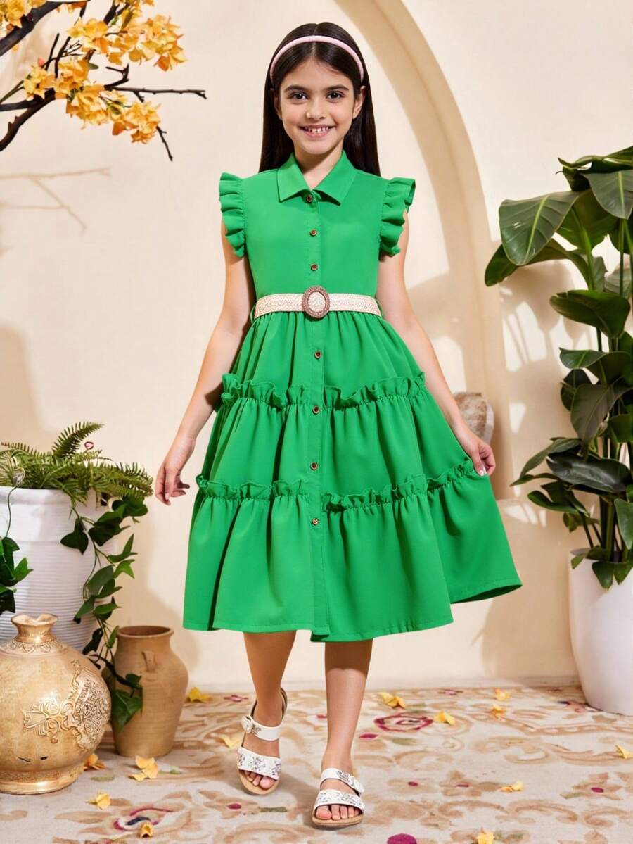 SHEIN Tween Girl 蕾丝边翻领前扣中长连衣裙,休闲和度假 - 綠色 - 查看 1